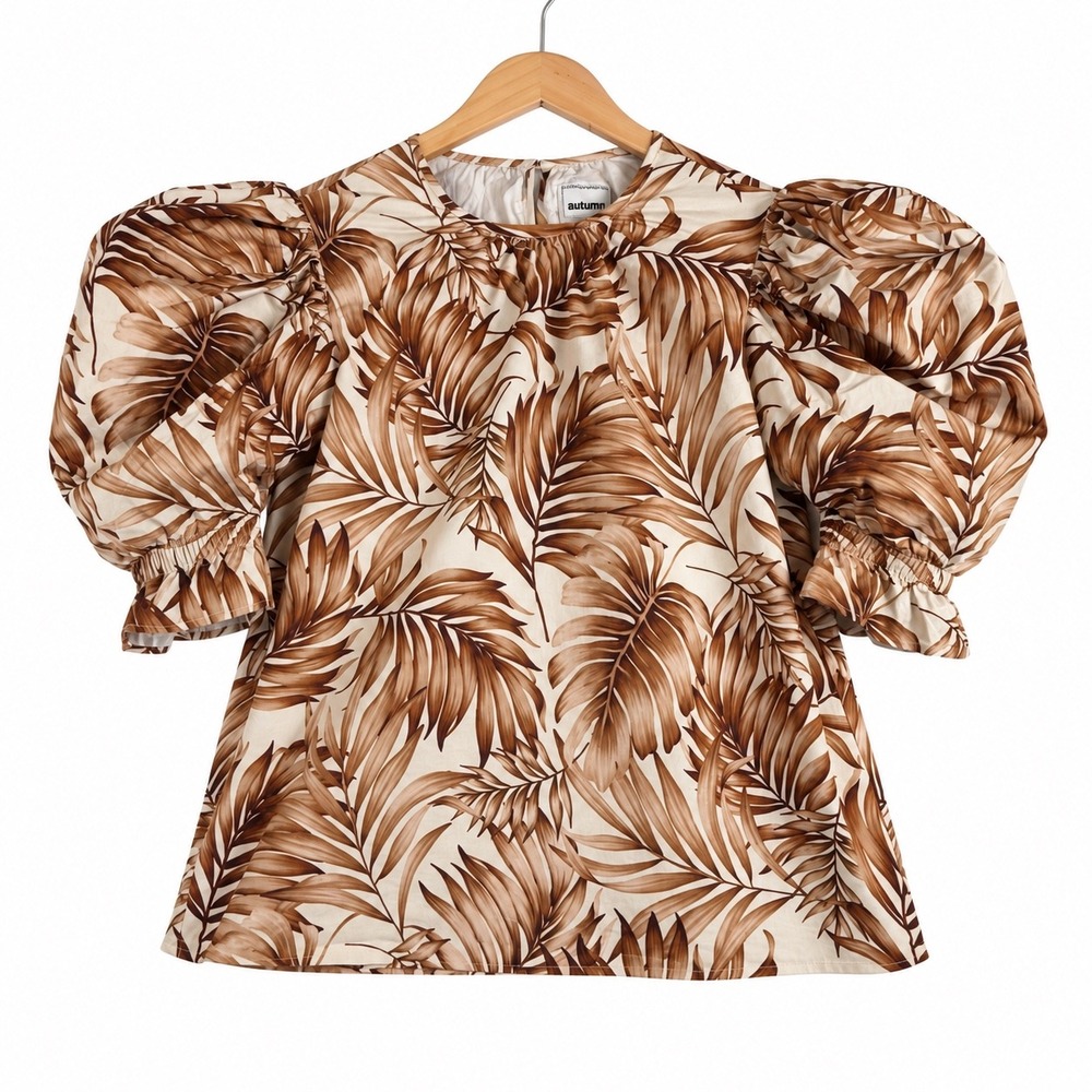 Autumn Adeigbo Top Women S Brown Excellent Puff Sleeve Tropical Palm Leaf Blouse